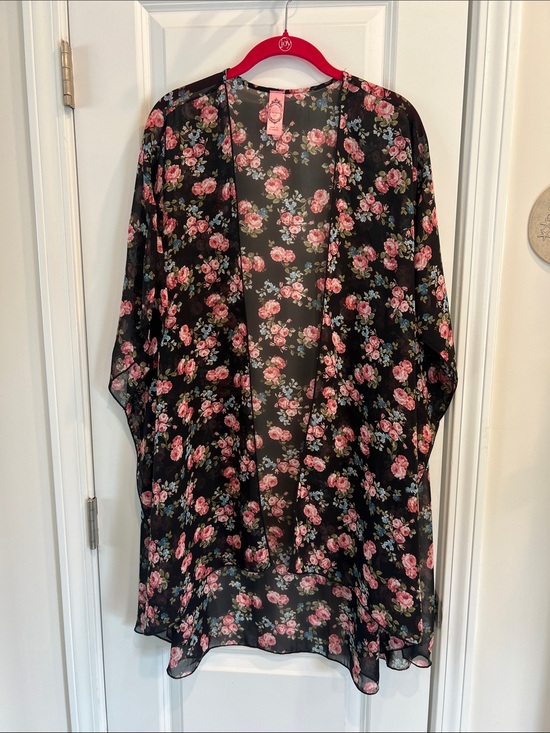 Honeyme Accessories - Honeyme Black Sheer Floral Kimono with Pink Roses